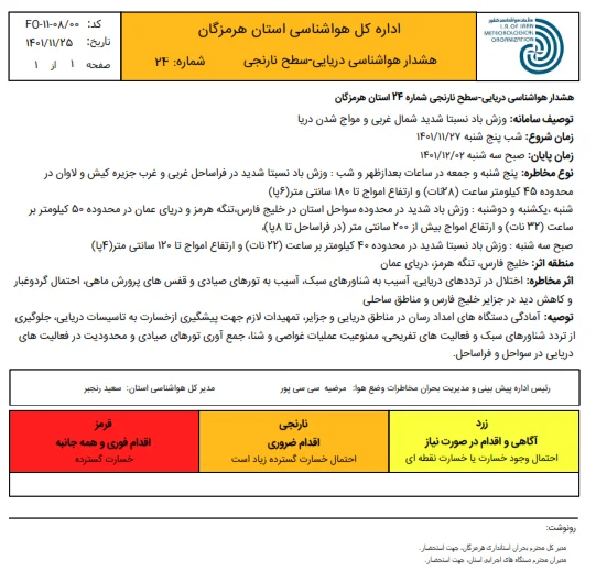 هشدار سطح نارنجی هواشناسی هرمزگان